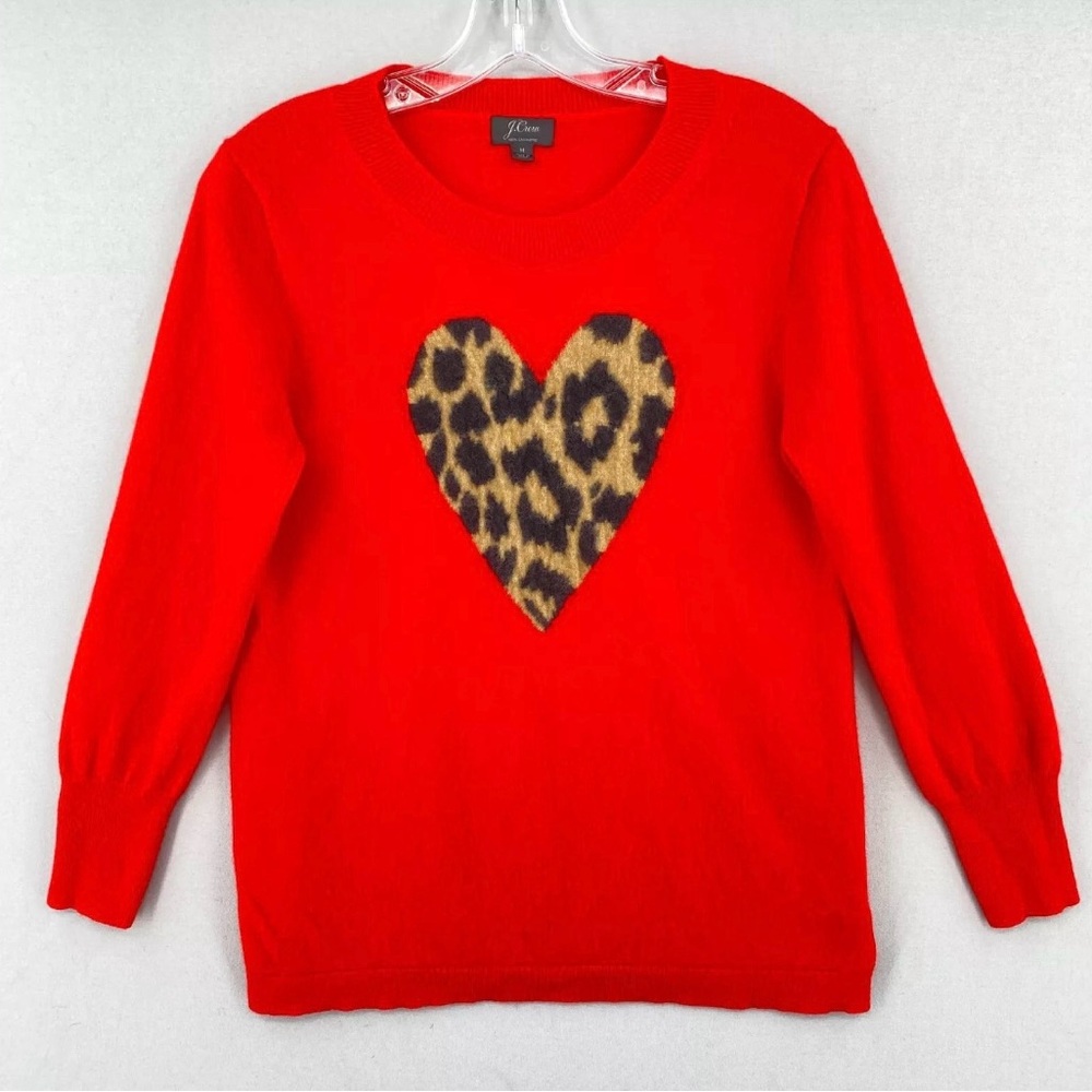 J Crew 100% Cashmere Crewneck Red Leopard Heart Pullover Sweater. XL
